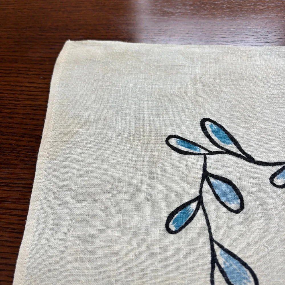 Vintage Floral Hand Printed Linen Tablecloth Square 51x51 Mid Century Retro